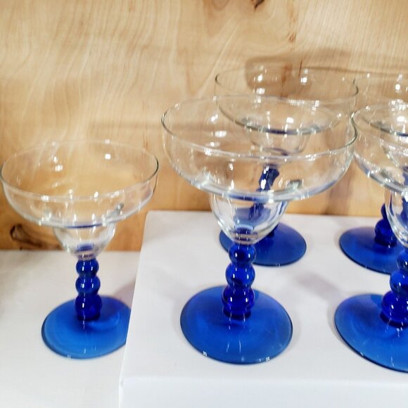 Set of 6 Libbey Glass Metropolis Blue Margarita Glasses beaded cobalt stem - Picture 4 of 11